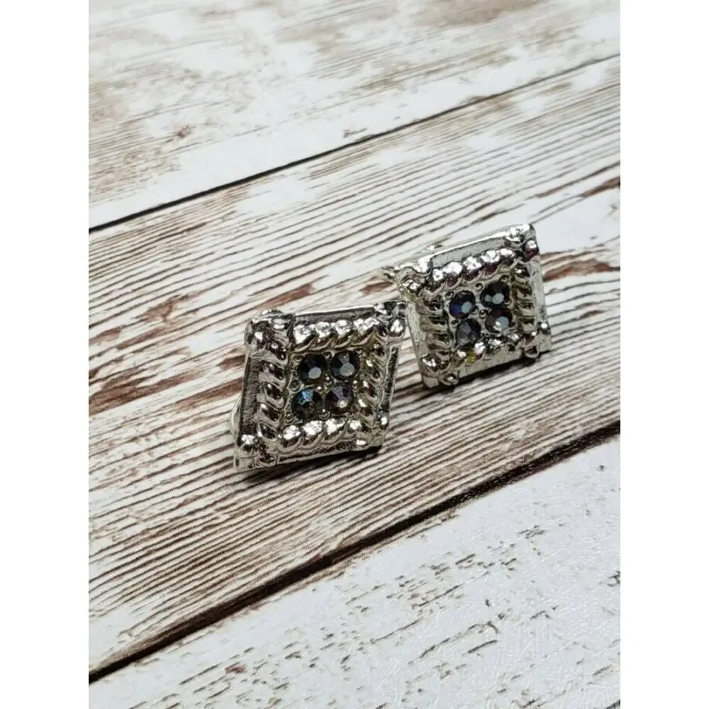 Vintage Screw On Earrings Silver Tone Diamond Shaped Dark Iridescent Stones